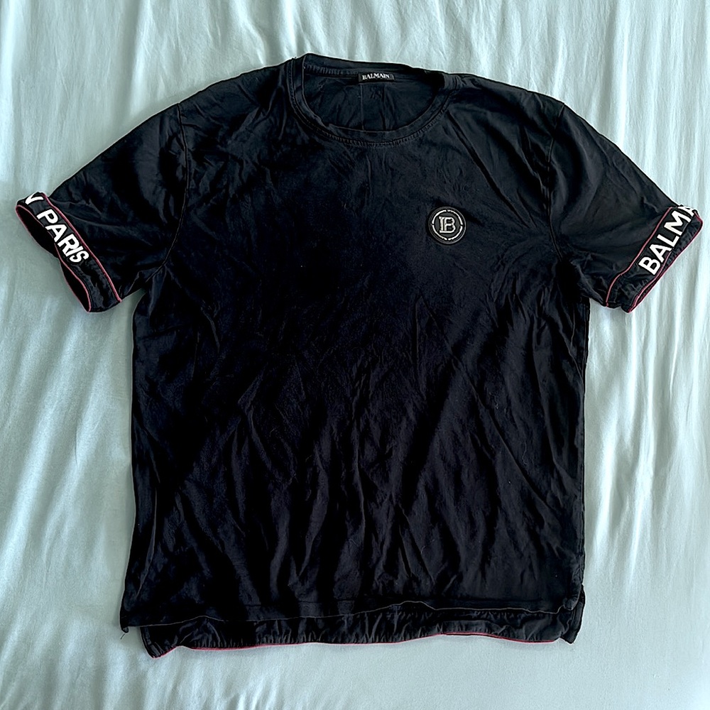 Balmain Black Tee with Logo and Branded Sleeves